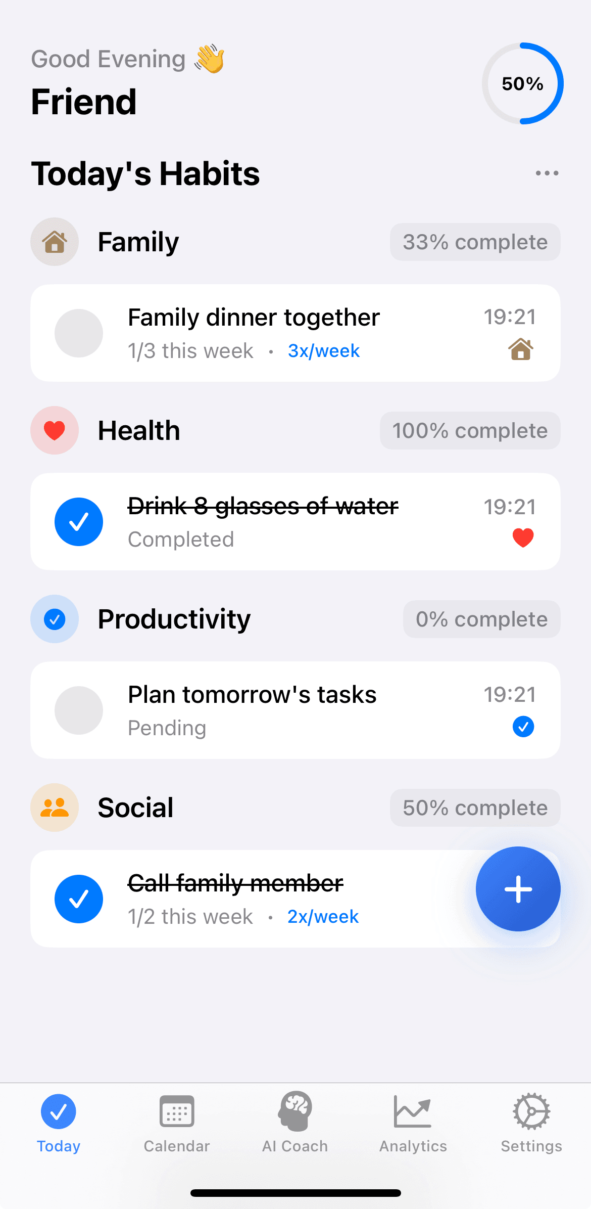HabitsAI Today's Habits Screen
